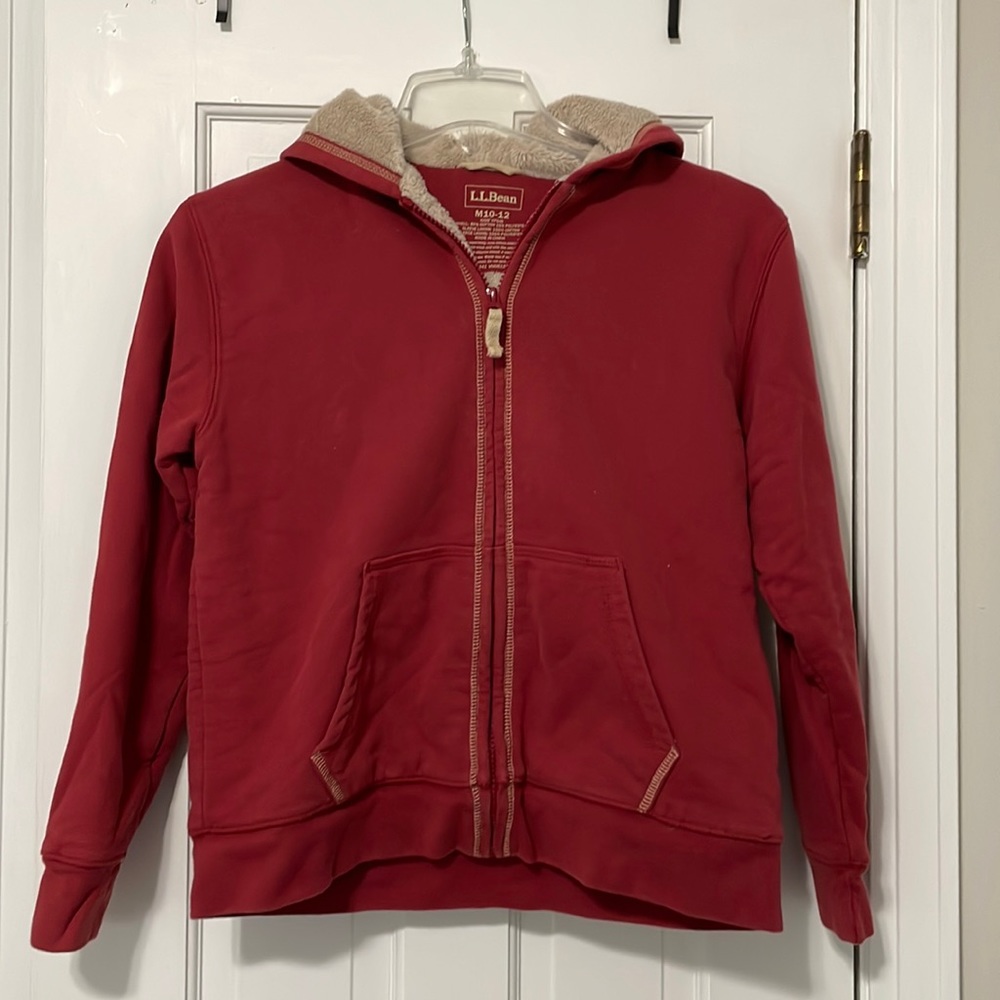 Dark red LLBean sweatshirt with fleece lining.  Kids size 10-12.